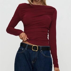 NWTS Darong Y2K Burgundy Ruched Long Sleeve Top Size L Coquette Dark Academia